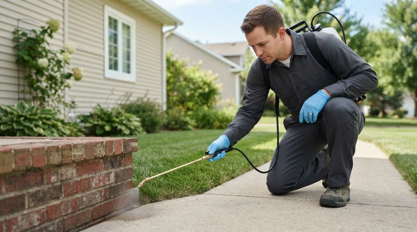 Pest control technician treating a home near Ashuelot, NH